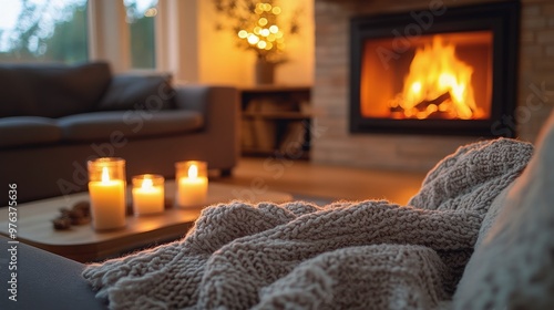 Cozy evening beside a warm fireplace with soft textiles and flickering candles