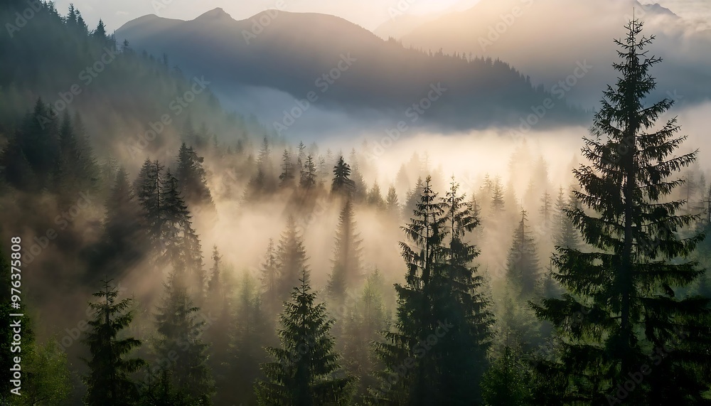 Obraz premium Enchanted Morning Forest Scene - dense, mist-covered forest at the base of towering mountains, with rays of soft sunlight breaking through the thick fog. Graphic art illustration