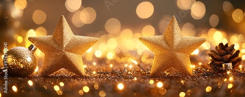 Golden Christmas Decorations with Bokeh Lights