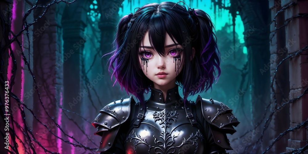 A gothic anime girl with dark makeup wearing silver armor stands amidst crumbling ruins, vines, and eerie shadows A gothic anime girl with dark makeup wearing silver armor stands amidst crumbling ruins, vines, and eerie shadows