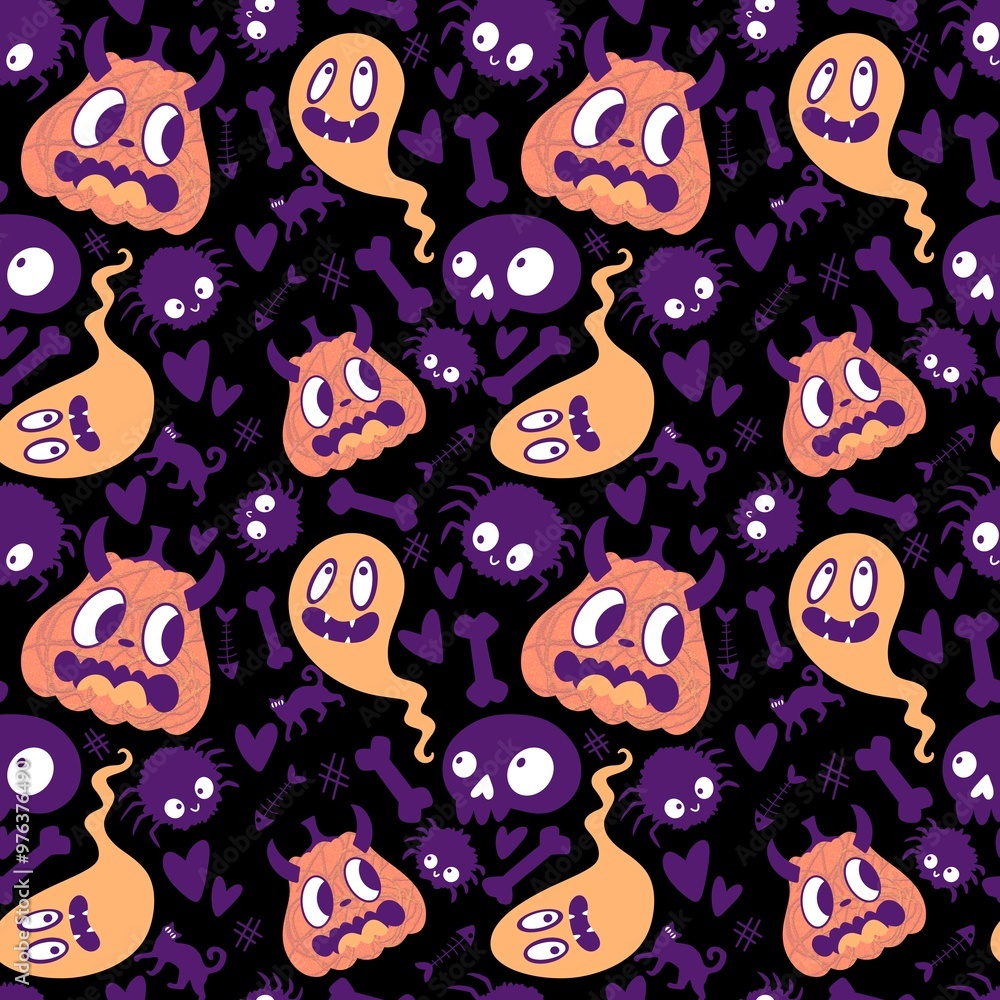 Halloween cute pumpkins seamless monsters pattern for wrapping paper and fabric Halloween cute pumpkins seamless monsters pattern for wrapping paper and fabric