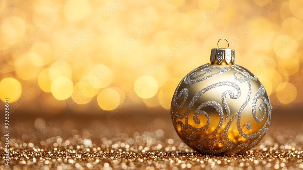 Golden Christmas Ornament on Glitter Background Golden Christmas Ornament on Glitter Background