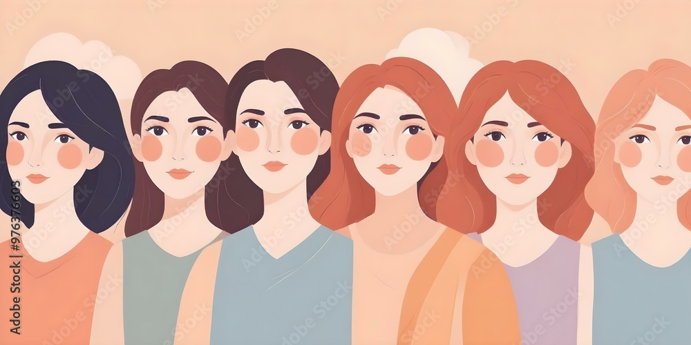 Women's day celebration banner, 8 march, multiple women faces multicolor rainbow illustration. Soft pastel colors. AI generated Women's day celebration banner, 8 march, multiple women faces multicolor rainbow illustration. Soft pastel colors. AI generated
