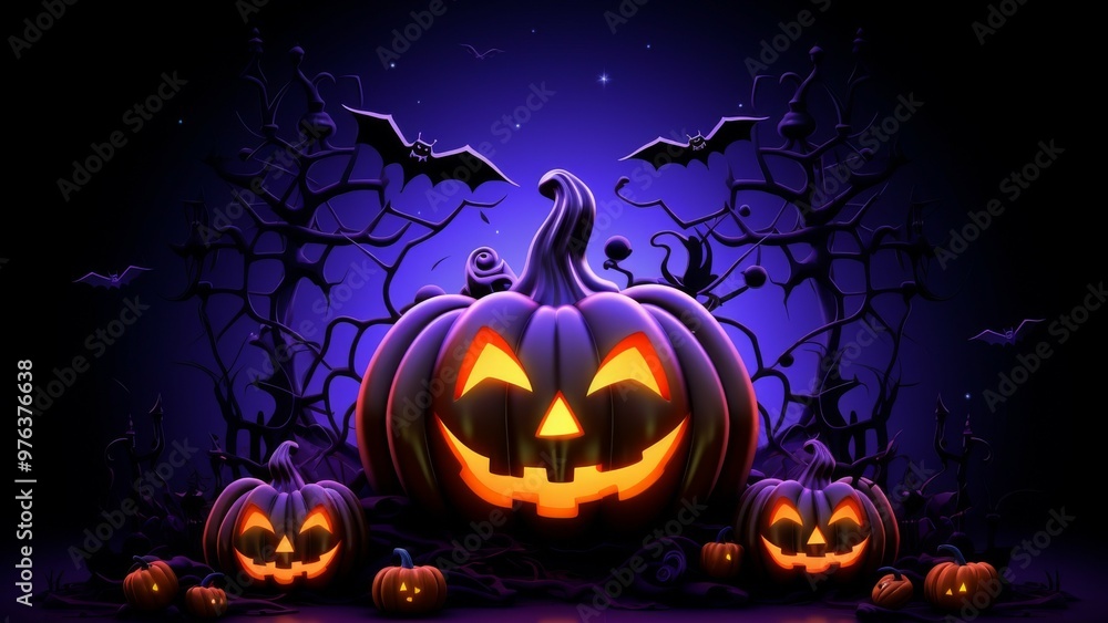 happy halloween background with dark pumpkin, web, bats, neon color style happy halloween background with dark pumpkin, web, bats, neon color style