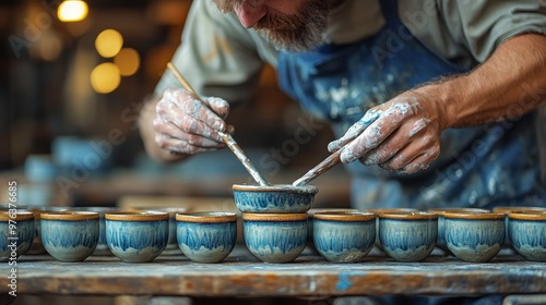 Elderly artisan crafting pottery and painting designs in a rustic workshop fi...