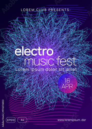 Edm Magazine. Party Poster. Soundwave Disco Invitation. Green Music Event. Sound Concert Element. Pink Techno Design. Trance Vector. Violet Edm Magazine