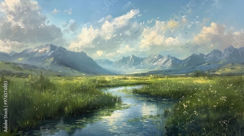 Stunning panoramic view of a breathtaking mountainous landscape with a flowing river cutting through a lush verdant meadow under a dramatic atmospheric sky filled with fluffy white clouds A serene