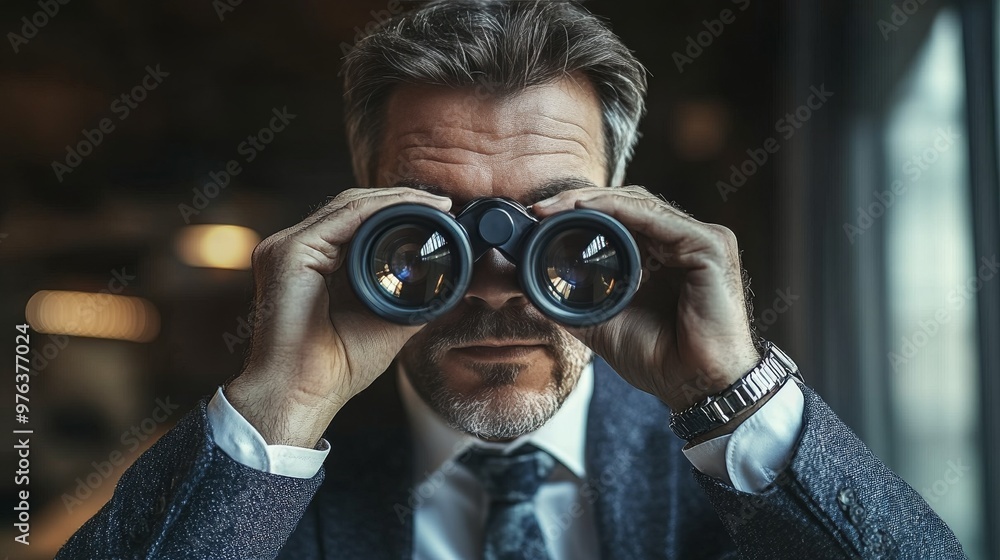 Businessman using binoculars to observe surroundings during a city event in the evening Businessman using binoculars to observe surroundings during a city event in the evening