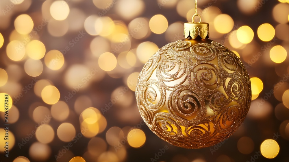 Golden Christmas Ornament with Festive Bokeh Lights Golden Christmas Ornament with Festive Bokeh Lights
