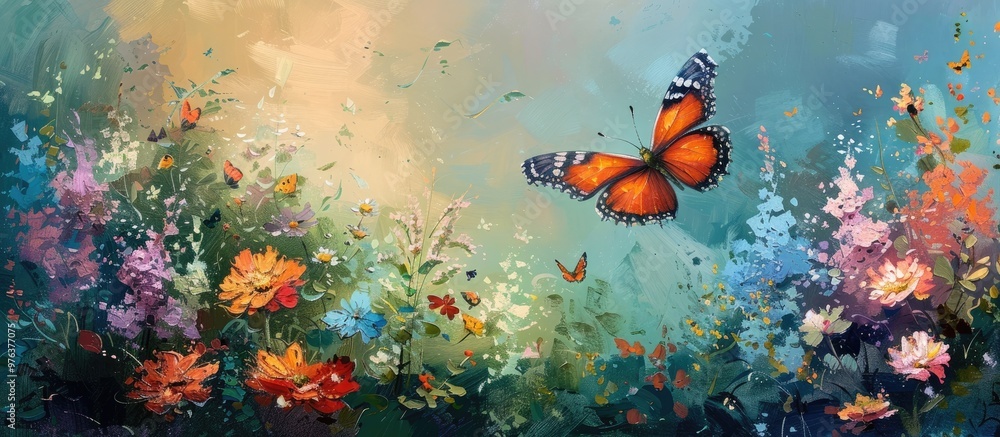 Fototapeta premium Ethereal Butterfly with Delicate Wings Soaring Through a Vibrant Colorful Garden Landscape Filled with Blooming Flowers and Lush Foliage