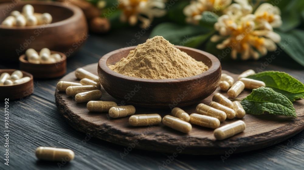 Herbal supplements arranged with a bowl of powder and greenery on a wooden surface in natural light Herbal supplements arranged with a bowl of powder and greenery on a wooden surface in natural light
