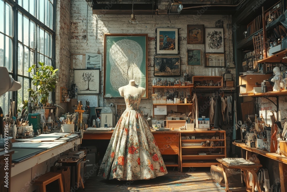 © Iona - Sunlight streams into an artist's studio, highlighting a vintage dress mannequin surrounded by sketches and tools, creating an atmosphere of creative energy. © Iona - Sunlight streams into an artist's studio, highlighting a vintage dress mannequin surrounded by sketches and tools, creating an atmosphere of creative energy.