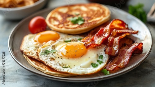 Delicious breakfast platter with pancakes, bacon, eggs, and fresh tomatoes se...