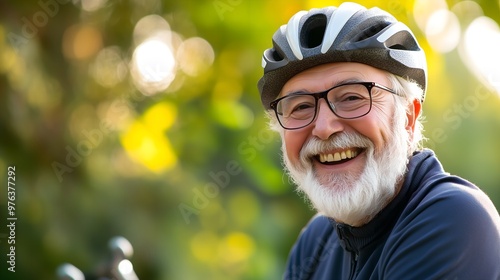 Happy mature senior man riding his bicycle through a park on a sunny day