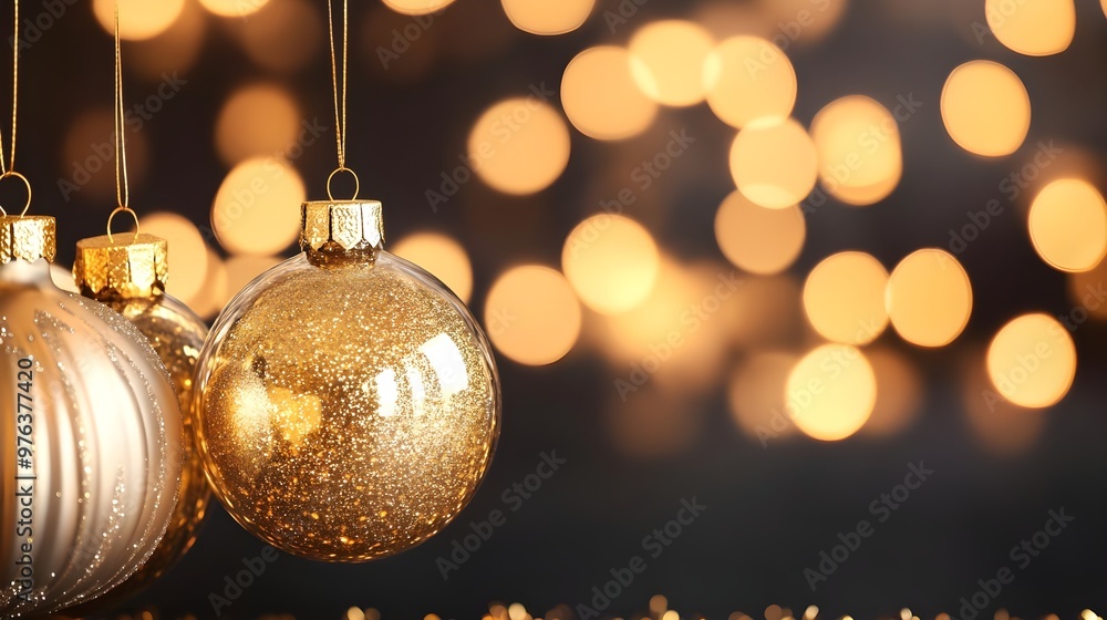 Golden Christmas Ornaments with Bokeh Lights Golden Christmas Ornaments with Bokeh Lights