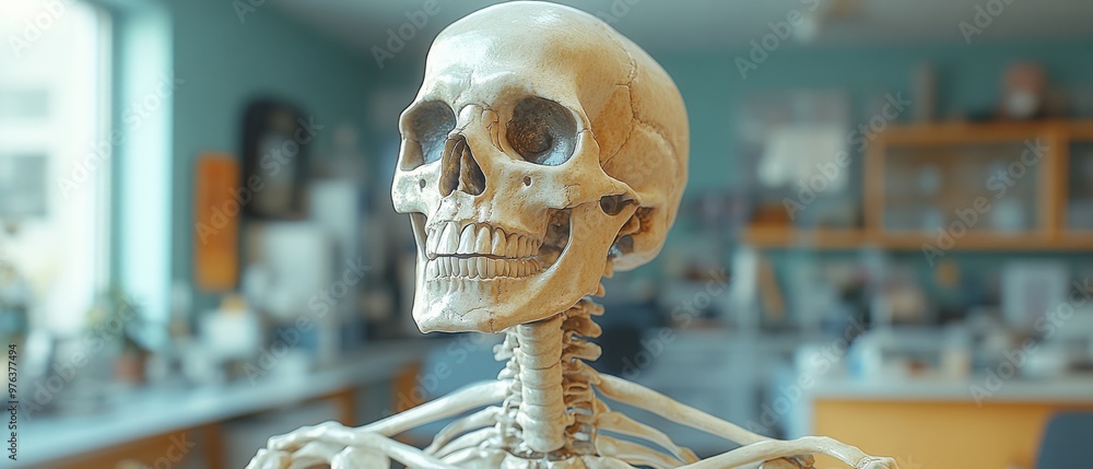 A human skeleton model stands in a brightly lit medical laboratory, offering a comprehensive view of the skeletal structure against a backdrop of organized medical equipment. A human skeleton model stands in a brightly lit medical laboratory, offering a comprehensive view of the skeletal structure against a backdrop of organized medical equipment.