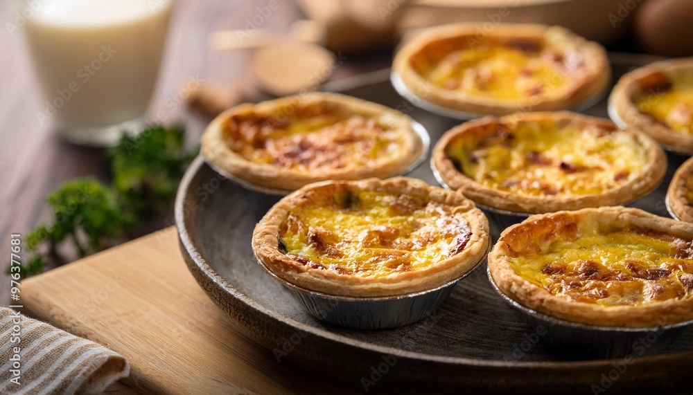 Wholesome breakfast quiches with depth of field featuring savory fillings and flaky crusts Wholesome breakfast quiches with depth of field featuring savory fillings and flaky crusts