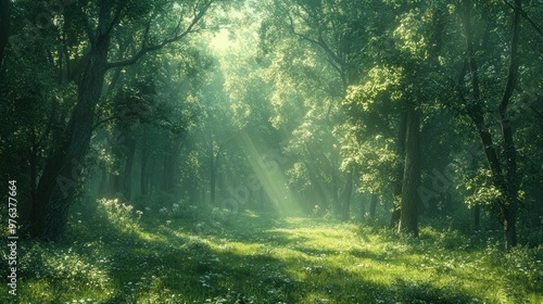 Lush forest with sunlight filtering through the trees.