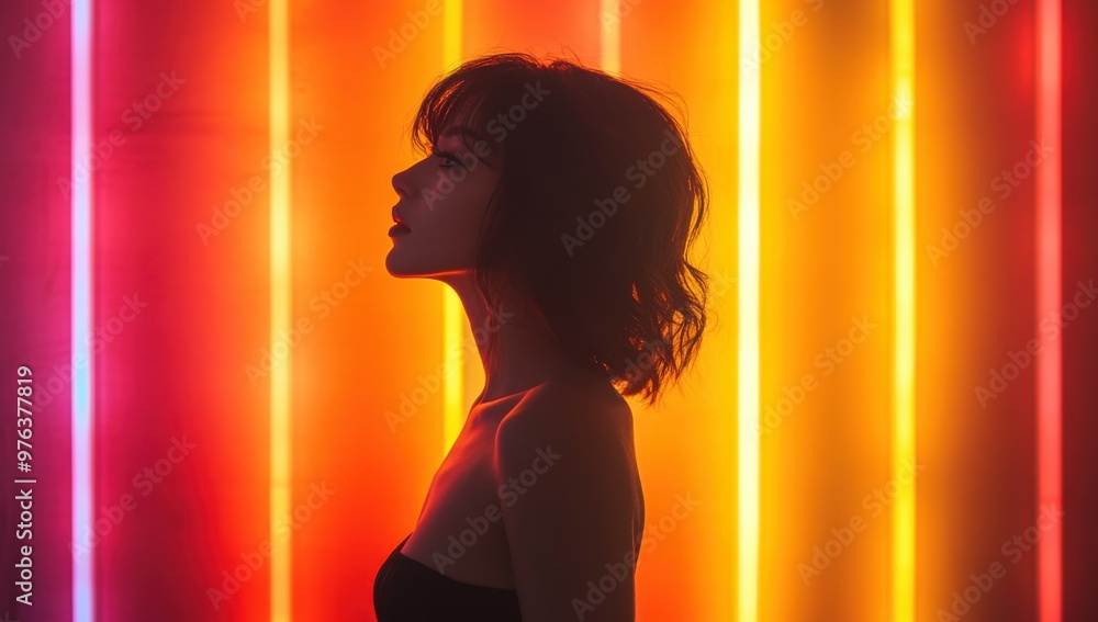 A silhouette of an Asian woman with short hair, standing against a vibrant backdrop of red and yellow neon lights, creating a striking contrast. A silhouette of an Asian woman with short hair, standing against a vibrant backdrop of red and yellow neon lights, creating a striking contrast.