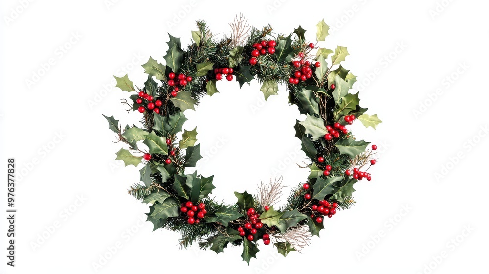 A vibrant wreath adorned with holly leaves and bright red berries for holiday celebrations A vibrant wreath adorned with holly leaves and bright red berries for holiday celebrations