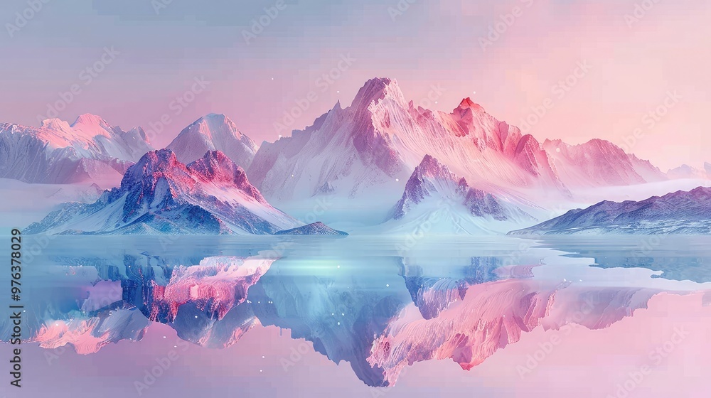 Fototapeta premium Breathtaking view of towering snowcapped mountain peaks reflected in a tranquil glacial lake at a magical golden hour sunset The ethereal dreamlike landscape evokes a sense of solitude wonder