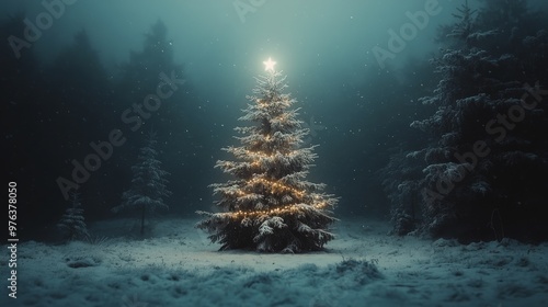 Snow-covered Christmas tree adorned with red ornaments in a tranquil winter f...