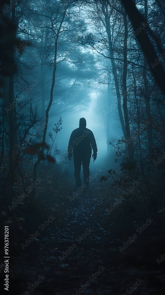 A solitary figure stands beneath twisted, skeletal trees, watching silently image A solitary figure stands beneath twisted, skeletal trees, watching silently image