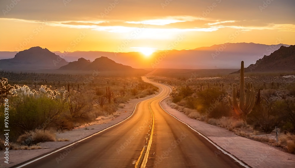 Endless Desert Road at Sunset - A winding desert road stretching into the horizon, bathed in the warm glow of a setting sun. Graphic art illustration Endless Desert Road at Sunset - A winding desert road stretching into the horizon, bathed in the warm glow of a setting sun. Graphic art illustration