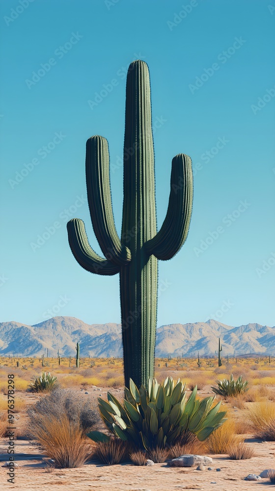 A towering saguaro cactus rises beneath the bright, cloudless sky image