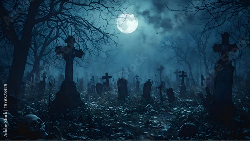 Graveyard in spooky death Forest At Halloween Night