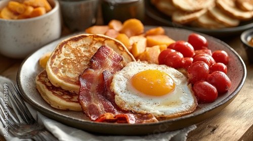 Delicious breakfast platter with pancakes, bacon, eggs, and fresh tomatoes se...