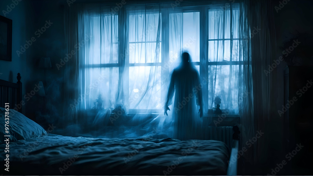 Blurred ghost silhouette in bedroom window at night horror scene on Halloween Blurred ghost silhouette in bedroom window at night horror scene on Halloween