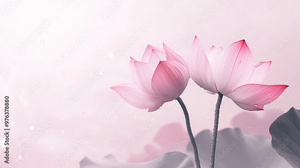 Two delicate pink lotus flowers against a soft pastel background, symbolizing beauty and tranquility. Two delicate pink lotus flowers against a soft pastel background, symbolizing beauty and tranquility.