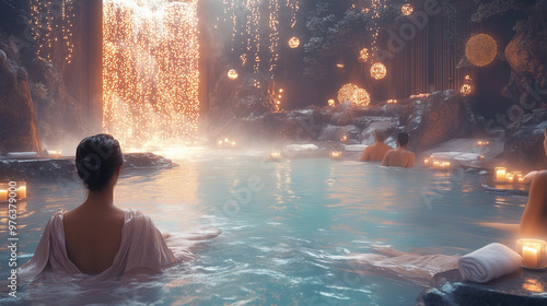people in a natural spa pool with thermal water focusing on health purification, tranquility, and relaxation