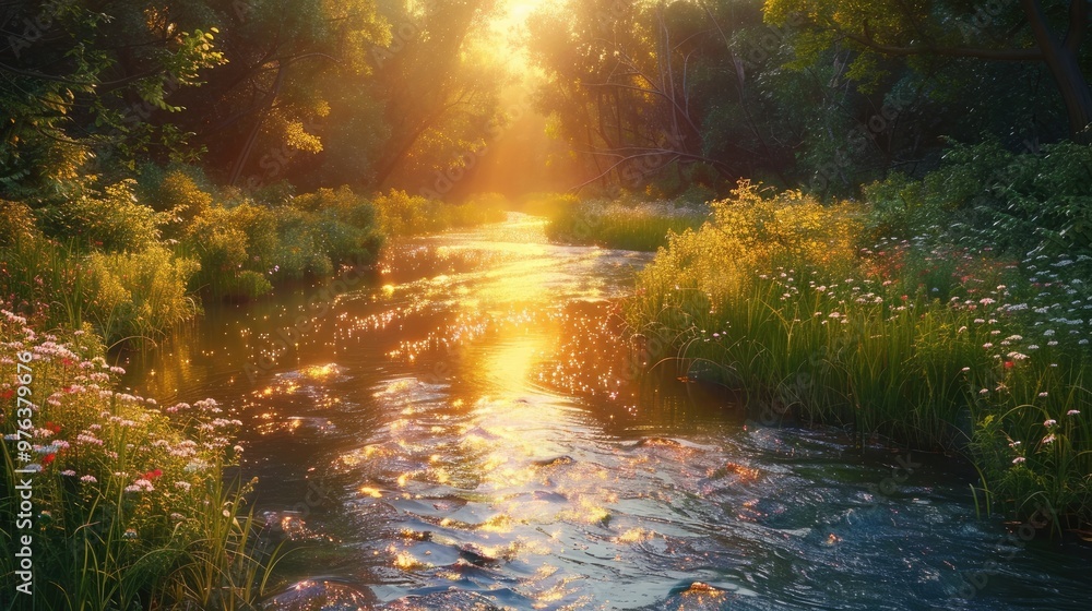 Enchanting woodland stream winding through a lush verdant forest bathed in the warm golden glow of sunlight filtering through the canopy and reflected in the calm serene waters A tranquil Enchanting woodland stream winding through a lush verdant forest bathed in the warm golden glow of sunlight filtering through the canopy and reflected in the calm serene waters A tranquil