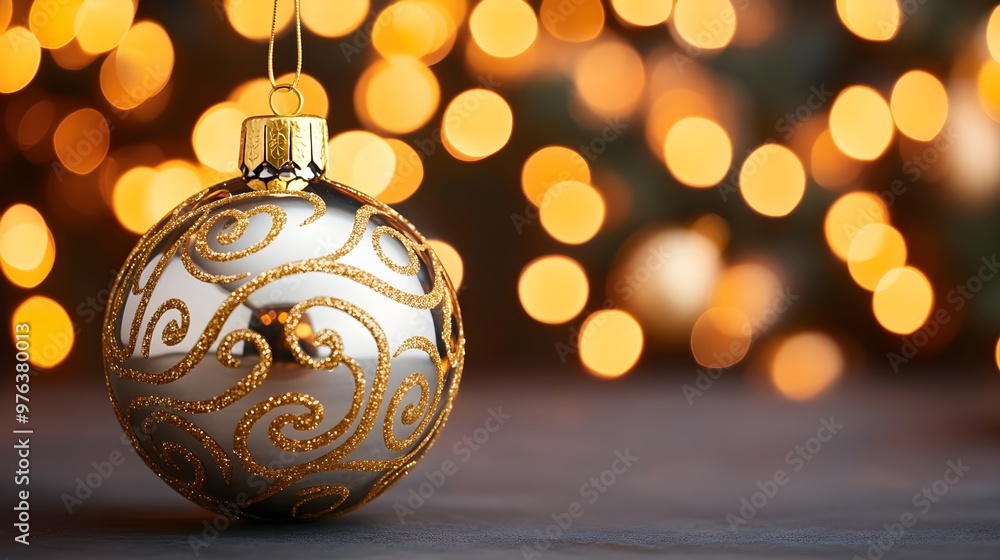 Silver Christmas Ornament with Gold Swirls and Bokeh Lights Silver Christmas Ornament with Gold Swirls and Bokeh Lights