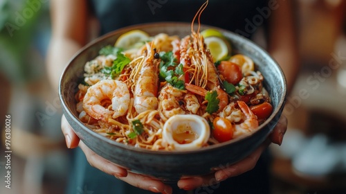 Delicious seafood pasta dish with shrimp, calamari, and fresh ingredients at ...