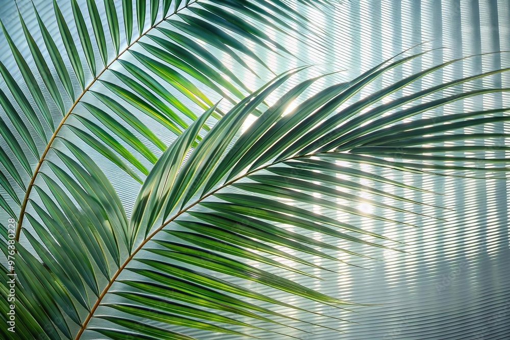 Green palm with reeded glass. White Reeded Glass. Zen-inspired empty design with realistic blank space. Beautiful summer decor with luxury concept. Plant leaves. Ribbed Background. Green palm with reeded glass. White Reeded Glass. Zen-inspired empty design with realistic blank space. Beautiful summer decor with luxury concept. Plant leaves. Ribbed Background.