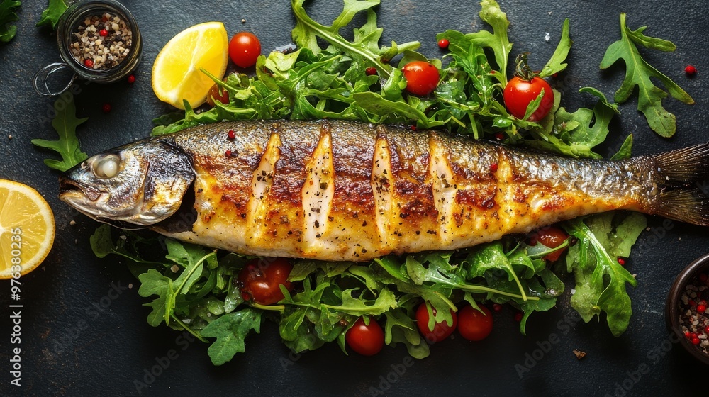 Grilled fish on a bed of arugula and cherry tomatoes with lemon slices on a dark surface Grilled fish on a bed of arugula and cherry tomatoes with lemon slices on a dark surface