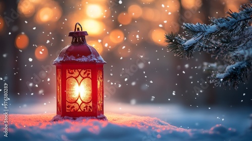 A red lantern illuminating falling snowflakes in a winter forest at dusk