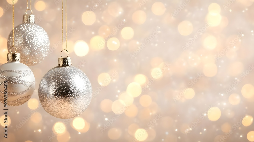 Silver Christmas Ornaments with Golden Bokeh Lights Silver Christmas Ornaments with Golden Bokeh Lights