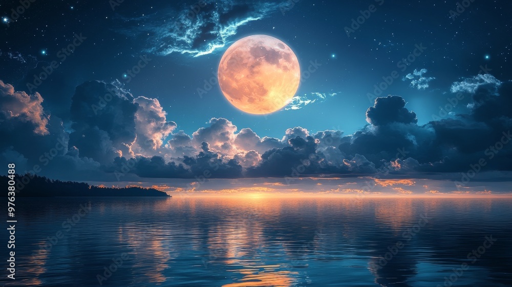 Fototapeta premium Nighttime reflection of a full moon over a calm lake with city lights in the background