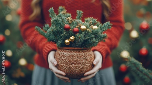 A woman holds a festive plant arrangement adorned with gold ornaments near a ...