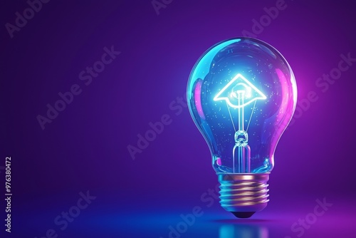 Icon of a glowing light bulb on a dark purple background. Conceptual illustration of an innovative idea. 3D rendering.