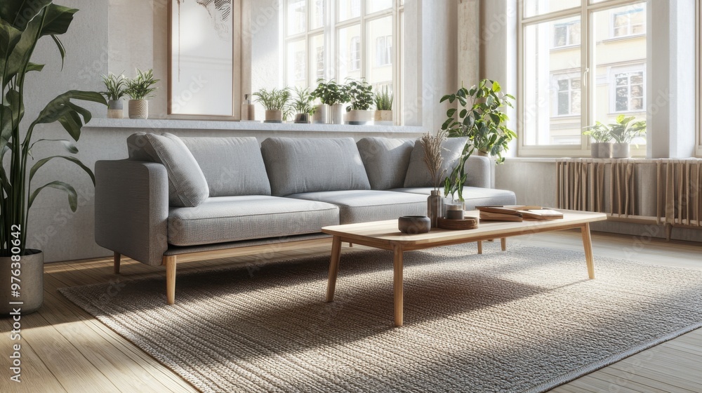 A serene Scandinavian-style living room, featuring modern furniture and abundant natural light, exudes warmth and minimalist elegance. A serene Scandinavian-style living room, featuring modern furniture and abundant natural light, exudes warmth and minimalist elegance.