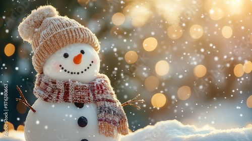 A cheerful snowman with a cozy hat and scarf enjoying a winter day in a snowy...