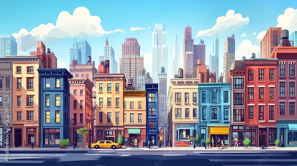 Cartoon urban scenery of a rooftop view over a sprawling metropolis Cartoon urban scenery of a rooftop view over a sprawling metropolis