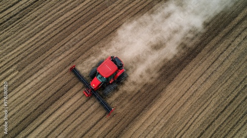 Tractor spraying crops in a lush green field during a sunny day