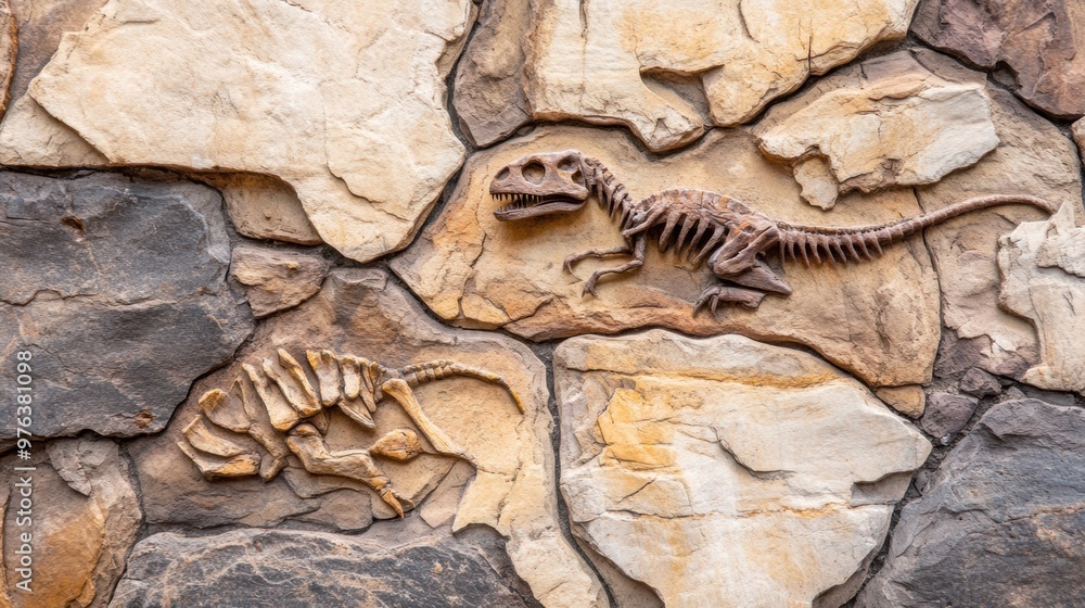 Naklejka premium Fossilized Dinosaur Skeleton Discovered at Archeological Dig Site