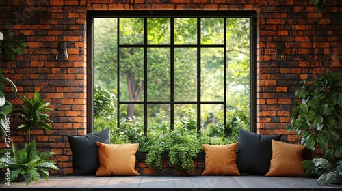 A rustic brick wall featuring an open window with white wooden frames and pan...